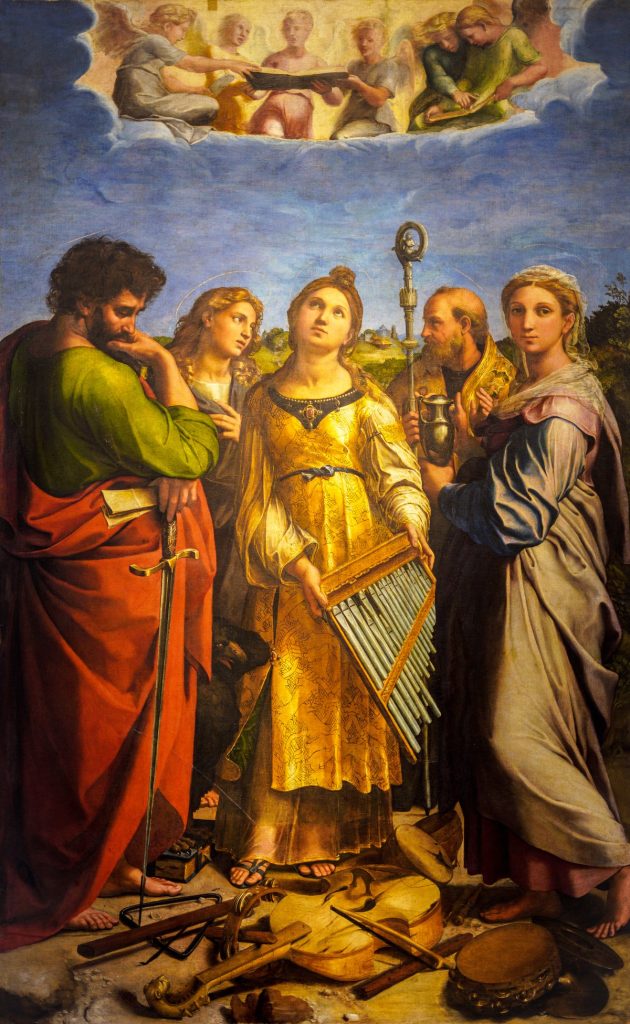 Tranh "Sự ngây ngất của Thánh Cêcilia" do Raphael vẽ, Thánh Cêcilia cầm đàn organ giữa các thánh